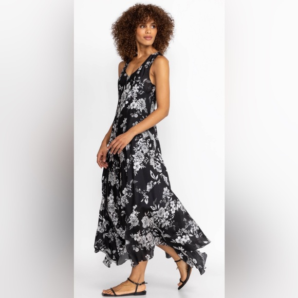 JOHNNY WAS DREAMER SILK BIAS DRESS FLORAL PRINT BLACK MAXI SUMMER DRESS V-NECK - Picture 5 of 8